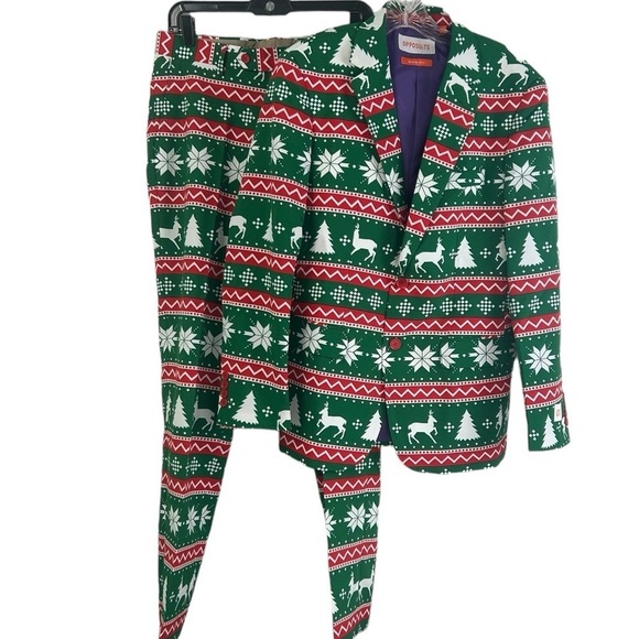 OppoSuites Men SZ 36 Green Christmas Suit Jacket Pants Winter Wonderland Holiday - Picture 2 of 16